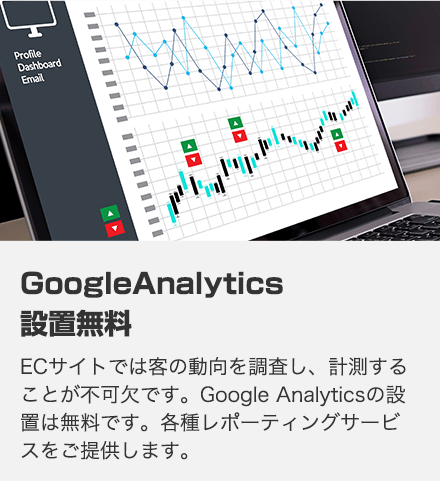 GoogleAnalytics設置無料 ECサイトでは客の動向を調査し、計測することが不可欠です。Google Analyticsの設置は無料です。各種レポーティングサービスをご提供します。